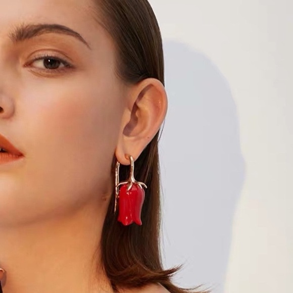 Flower Earrings Red Rose Statement Jewelry - Picture 1 of 8